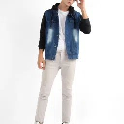 Campus Sutra Black & Blue Cotton Regular Fit Colour Block Denim Jacket image 5