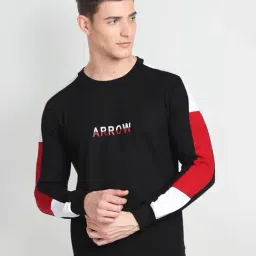 Arrow Sport Black Cotton Regular Fit Colour Block Sweatshirt-image-86