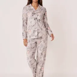 La Vie En Rose Grey Floral Print Shirt & Pyjama Set-image-73