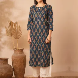 Fashor Teal Cotton Floral Three-Quarter Sleeves Kurta image 1