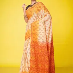 Unnati Silks Cream & Yellow Cotton Printed Saree With Unstitched Blouse-picture-21