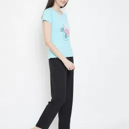 Clovia Black & Blue Graphic Print T-Shirt & Pyjamas Set image 3