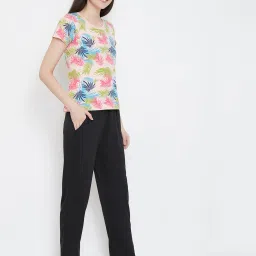 Clovia Black & Pink Floral Print T-Shirt & Pyjamas Set image 3
