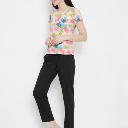 Clovia Black & Pink Floral Print T-Shirt & Pyjamas Set image 4