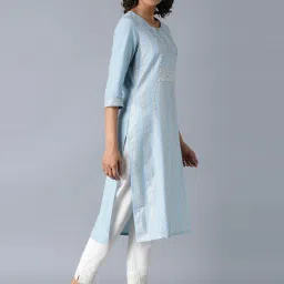 W Sky Blue Cotton Embroidered Straight Kurta image 5