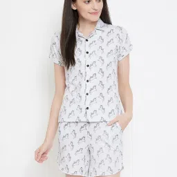 Clovia White Graphic Print Shirt & Shorts Set image 1