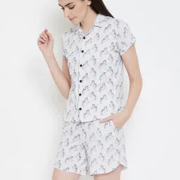 Clovia White Graphic Print Shirt & Shorts Set image 3