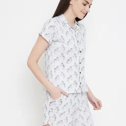 Clovia White Graphic Print Shirt & Shorts Set image 4