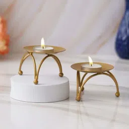eCraftIndia Gold Iron Handcrafted Tea Light Candle Holder Stand - Set of 2-image-4
