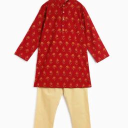 Campana Kids Maroon & Gold Floral Print Full Sleeves Kurta with Pants-picture-43