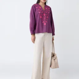 Utsa by Westside Plum Botanical Embroidered Cotton-Blend Top image 3