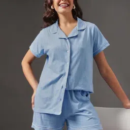 Clovia Blue Cotton Comfort Fit Night Suit-picture-43