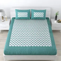 Living Roots Jaipuri Green & White 210 TC Cotton Queen Bed Sheet with 2 Pillow Covers-image-67