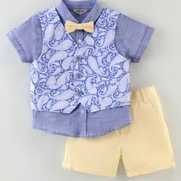ToffyHouse Cotton Woven Half Sleeves Shirt & Shorts Set with Kolka Printed Waistcoat & Bow - Blue & Lemon Yellow-picture-11
