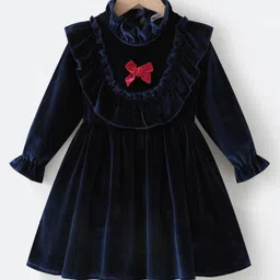 Kookie Kids Full Sleeves Solid Colour Party Frock with Bow Applique & Frill Detailing - Navy Blue-picture-25
