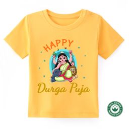 BLUSHES Durga Puja Theme 100% Cotton Half Sleeves Happy Durga Puja Text Printed Tee - Yellow-picture-12
