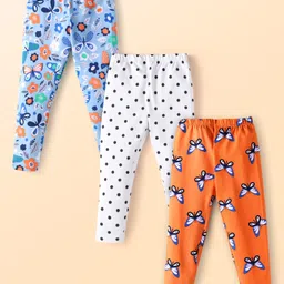 Babyhug Cotton Lycra Knit Full Length Leggings With Floral & Butterfly Print Pack of 3 - Blue White & Orange-picture-26