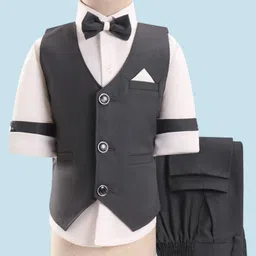 Rikidoos Full Sleeves Solid Shirt With Textured Waistcoat Pant & Bow - White & Dark Grey-picture-10