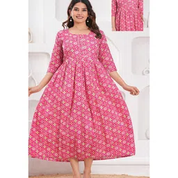 NEVISHA STYLE Cotton Woven Three Fourth Sleeves Floral Printed Maternity Kurta With Front Open Nursing Access - Pink-picture-28