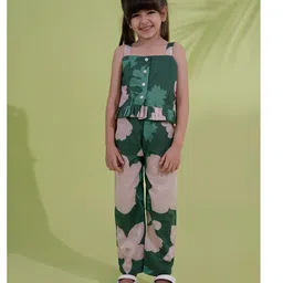 AJ Dezines Cotton Woven Sleeveless Floral Printed Top & Coordinating Pant Set - Green-picture-21