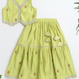 The Magic Wand Woven Sleeveless Floral Embroidered & Gota Lace Embellished Lehenga Choli Set - Green-picture-37