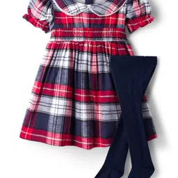 Babyhug Cotton Knit Half Sleeves Checks Frock With Leggings - Navy Blue & Red-picture-27