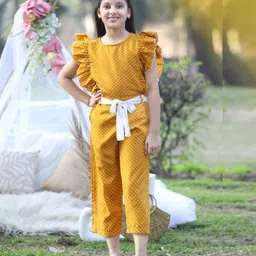 Cutiekins Woven Sleeveless Polka Dots Printed Frill Detailed Jumpsuit - Mustard & White-picture-17