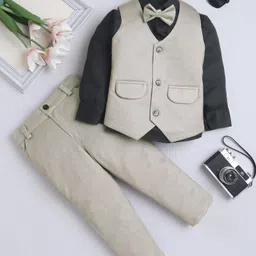 Fourfolds Cotton Blend Woven Full Sleeves Solid 3 Piece Party Suit Set With Bow - Beige-picture-28