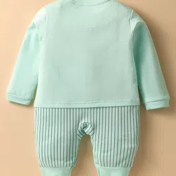 Mini Taurus Interlock Knit Full Sleeves Front Open Romper with Stripes & Bear Patch - Mint image 2