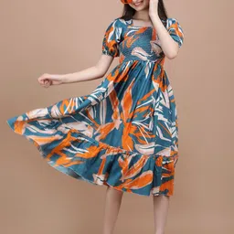 STARWORD Girls Floral Print Puff Sleeve Crepe Fit & Flare Midi Dress-image-82