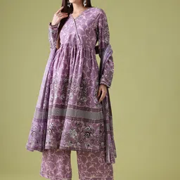 Anouk Printed Gotta Patti Cotton Angrakha Kurta with Palazzos & With Dupatta image 4
