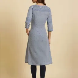 W Blue Cotton Printed A Line Kurta image 2