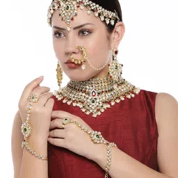 Peora Gold-Plated Kundan Bridal Choker Necklace Earrings Maangtikka Nathiya Hath Panja Jewellery Set image 1