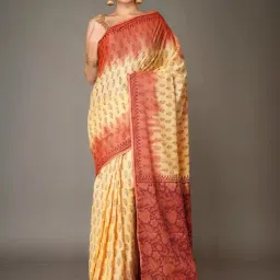 Unnati Silks Yellow & Brown Cotton Printed Saree With Unstitched Blouse-image-45