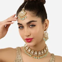 Zaveri Pearls Green Beads Kundan Choker Necklace Earring & Maangtikka Set-ZPFK17583 image 1