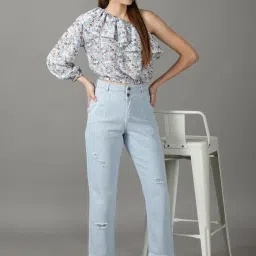 showoffff SHOWOFF Light Blue Relaxed Fit High Rise Jeans image 4