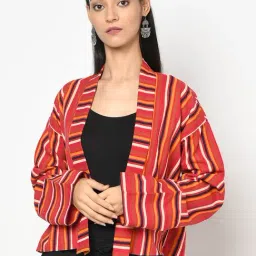 Fabindia Red & Peach Cotton Striped Shrug-image-4