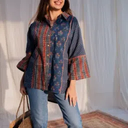 The Indian Ethnic Co Indigo Loose Ajrakh Cotton HandBlock Printed Shirt with Shirt Collar & 3/4th Sleeves-image-76