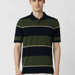 Peter England Green Cotton Regular Fit Striped Polo T-Shirt image 1