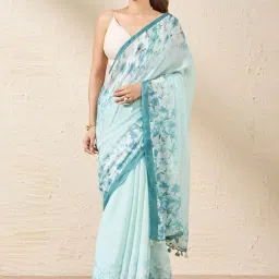 Taneira Blue Linen Printed Saree With Unstitched Blouse image 1