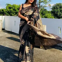 Saree Mall Black Linen Woven Saree With Unstitched Blouse-image-88