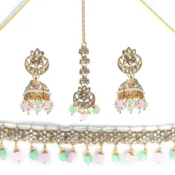 Priyaasi Floral Green & Pink Necklace, Earring & Maang Tikka Set image 5