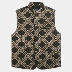 CHARCHIT Boys Dark Green Cotton Blend Printed Nehru Jacket image 1