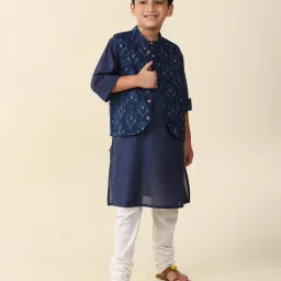 Fabindia Kids Navy Printed Full Sleeves Kurta with Nehru Jacket image 5