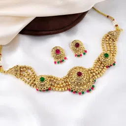 Peora Gold Plated Red Green Synthetic Stone & Beads Necklace and Earrings Set image 1