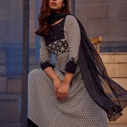 W Jet Black & White Cotton Printed Fit & Flare Kurta image 1