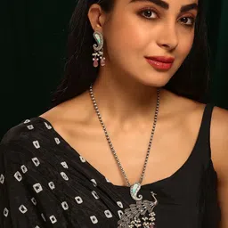 Priyaasi Silver Plated Pink Beaded Oxidized Peacock Necklace & Earrings image 5