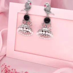 DIVASTRI Silver-Tone Oxidised Dome Shaped Artificial Pearls And Stone Drop Earrings-picture-55