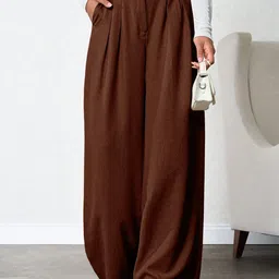 Kotty Women Relaxed Straight Leg Loose Fit High-Rise Trousers-image-18