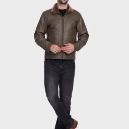 Justanned Olive Green Solid Leather Jacket image 5